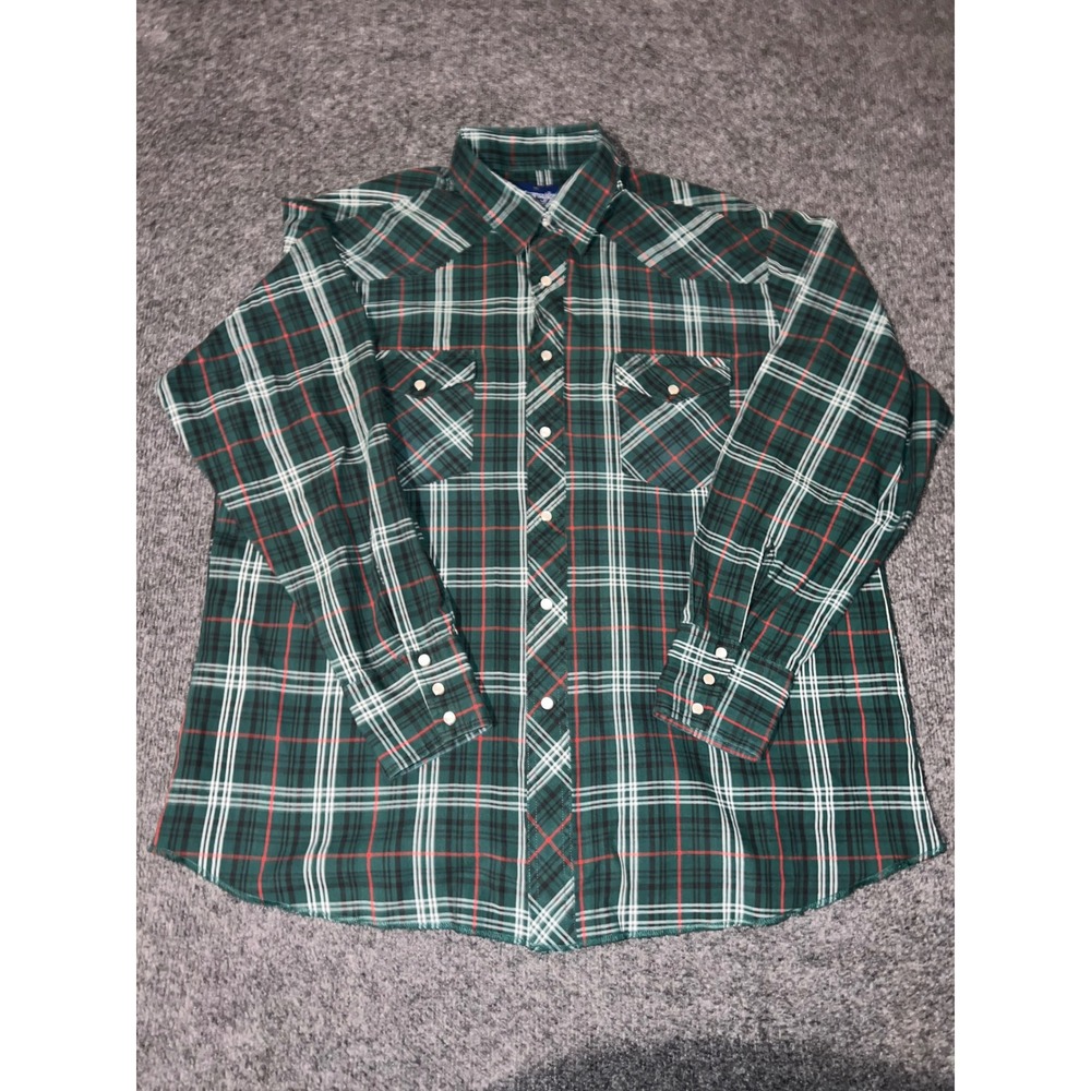 Wrangler Western Shirts Mens XL Green Plaid Pearl Snap Button Down Vintage